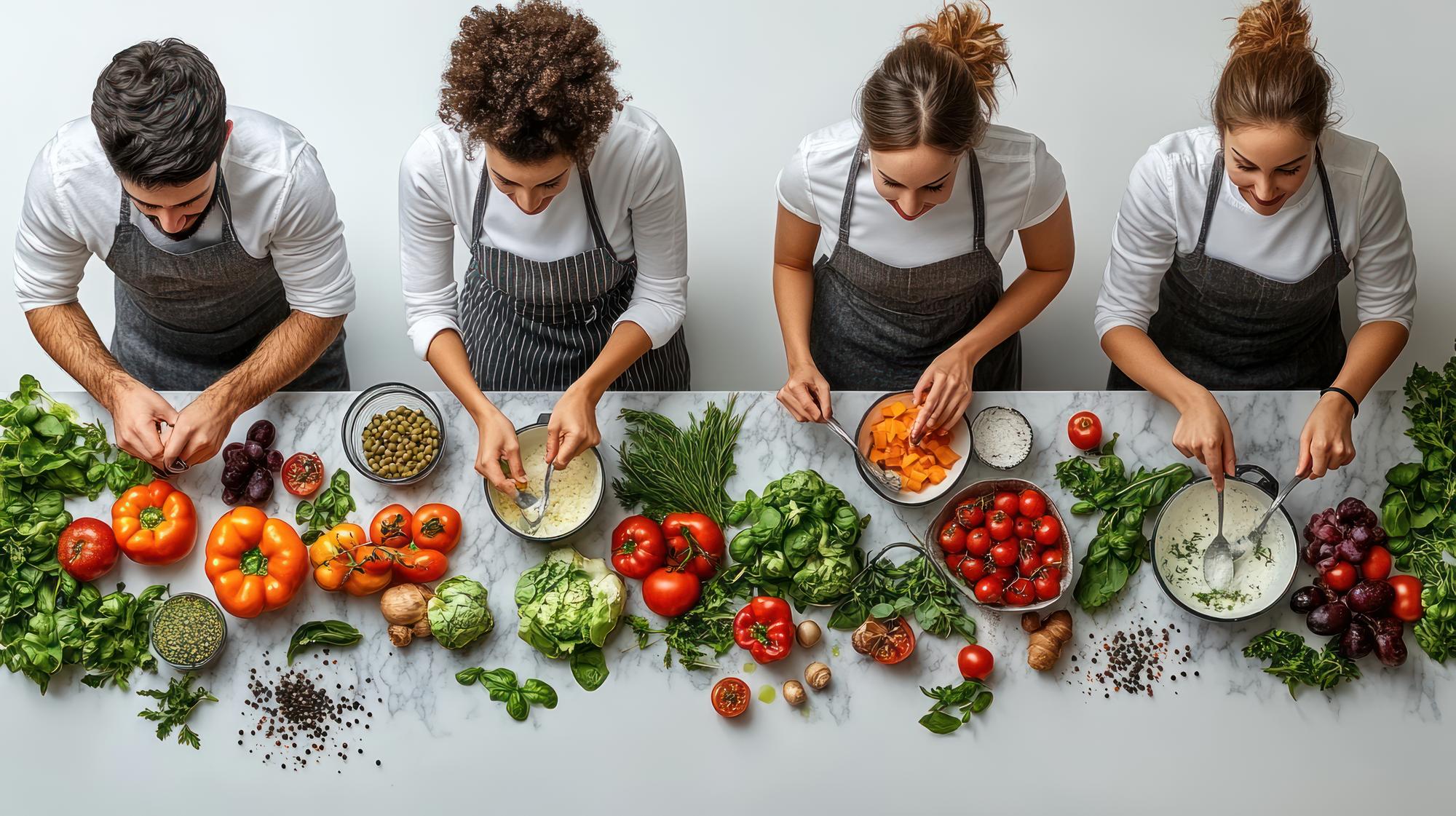 Chef teaching small workshop with ingredients on table