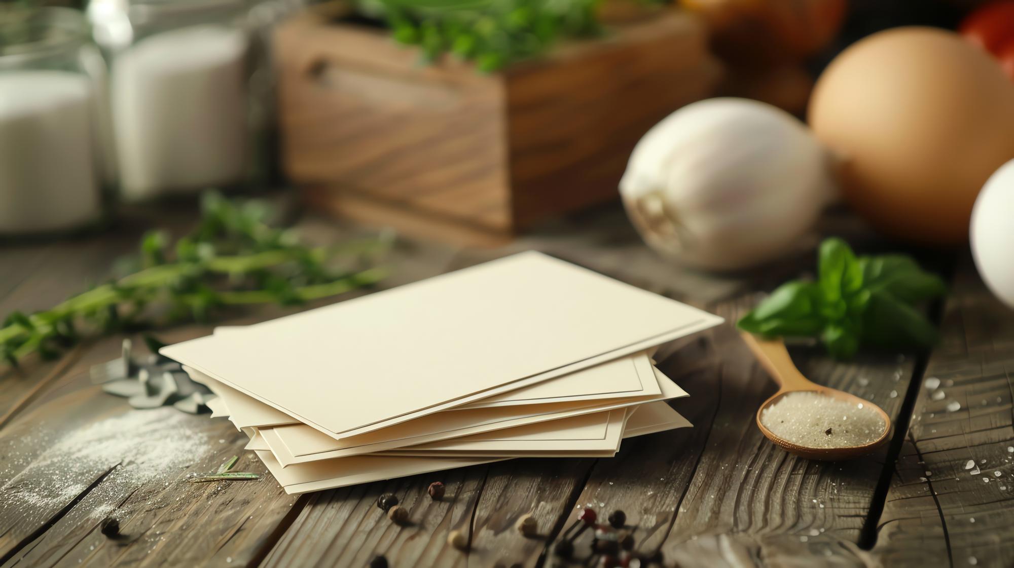 Stack of recipe booklets and labeled boxes